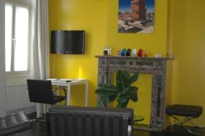 a living room with a fireplace and a tv at B&B Kava in Antwerp