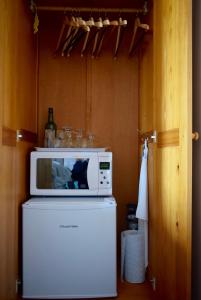 um micro-ondas em cima de um frigorífico numa cozinha em Room by the Beach em Aird Tong