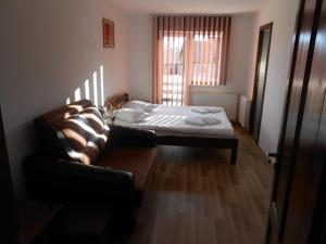 Halasto Pension في براد: غرفة معيشة مع سرير وأريكة