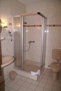 ein Bad mit einer Dusche und einem WC in der Unterkunft Weser Wasserbetten Hotel Baxmann in Hessisch Oldendorf