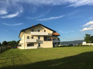 a large white building on a grass field at Mattone Aparthotel in Lanzenkirchen