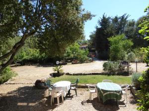 een patio met tafels en stoelen in een tuin bij Casa Solotti in Nuoro