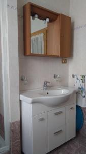 a bathroom with a white sink and a mirror at Piller Roner Rosa in Sappada