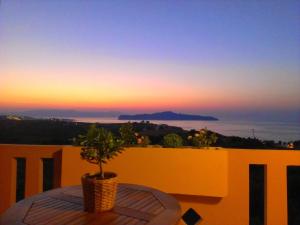 a potted plant sitting on a table on a balcony at sunset at Romanza in Kalamaki