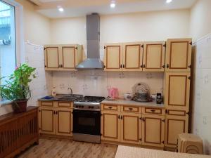 uma cozinha com armários de madeira e um forno com placa de fogão em House #1 em Kutaisi