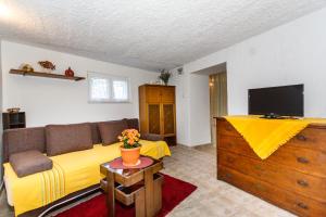 uma sala de estar com um sofá amarelo e uma televisão de ecrã plano em apartman SONJA em Risika