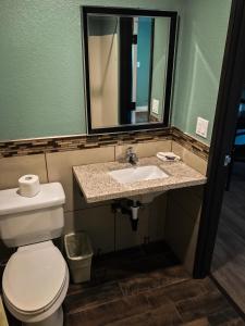 a bathroom with a toilet and a sink and a mirror at Highland Park Motel in Los Angeles