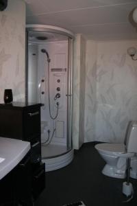 a bathroom with a shower and a toilet at Villa Gräsdalen in Karlstad