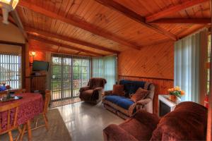 スタンリーにあるStanley Lakeside Spa Cabinsの木製の壁と木製の天井が特徴のリビングルーム