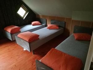 a bedroom with two beds with orange pillows and a window at Bebru pirts in Vecbebri