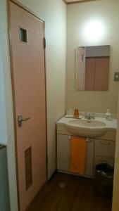 a bathroom with a sink and a mirror at Nezame Hotel in Agematsu