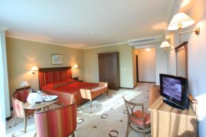 een hotelkamer met een slaapkamer met een bed en een televisie bij Efir in Stara Zagora