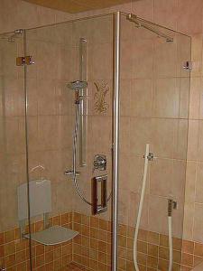 y baño con ducha y puerta de cristal. en Gästehaus Kerpf inclusive KönigsCard, en Nesselwang