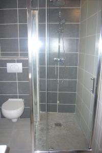La salle de bains est pourvue d'une cabine de douche et de toilettes. dans l'établissement Le Petit Mas du Vigné, à Saint-Pargoire