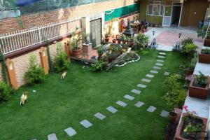 an aerial view of a backyard with two dogs on the grass at Aarya Chaitya Inn in Kathmandu