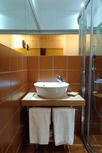 y baño con lavabo y ducha. en Sever Rio Hotel en Marvão