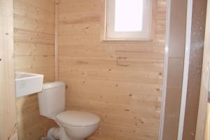 a bathroom with a toilet and a window at Domki Letniskowe u Susła in Sianozety +13 photos