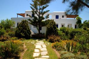 una casa bianca con un albero di fronte a un giardino di Handrina Studios a Naxos Chora
