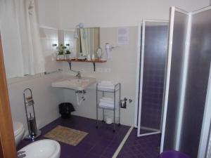 La salle de bains est pourvue de toilettes, d'un lavabo et d'une douche. dans l'établissement La Casa di Campagna, à Reggio d'Émilie