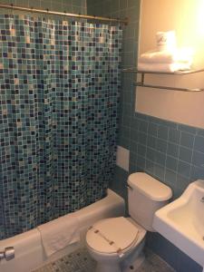 y baño con aseo, lavabo y ducha. en Surf Haven Motel, en North Wildwood