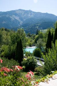 a view of a river from a garden with flowers at Hotel Mozart in Landeck