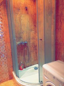 um chuveiro com uma porta de vidro na casa de banho em Khan Shatyr Apartment em Astana