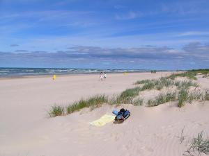 a person laying on the sand on a beach at Brown Amber in Liepāja +4 photos