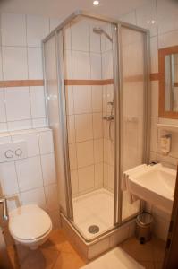 a bathroom with a shower and a toilet and a sink at Hotel Stadt Emmerich in Emmerich