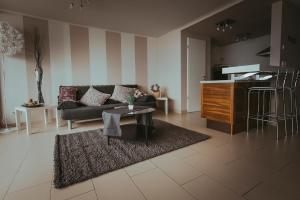 ein Wohnzimmer mit einem Sofa und einem Tisch in der Unterkunft Apartments im s'Wirthaus in Friedrichshafen