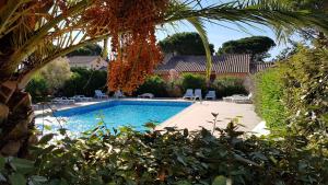a swimming pool in a yard with chairs and trees at Mes maisons à la Pinède in Sainte-Maxime