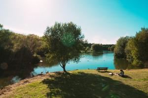 un grupo de personas sentadas en la hierba cerca de un río en Oportocean Hostel, en Matosinhos