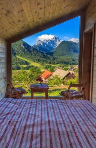 1 dormitorio con cama y vistas a las montañas en Mountain view Glamping, en Dovje