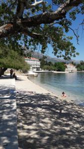 a beach with people swimming in the water at Apartmani Vitturi in Kaštela