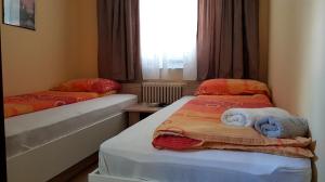 a bedroom with two twin beds and a window at Lovac Motel & Restaurant in Donji Žabar