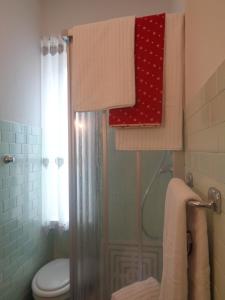a bathroom with a shower with a toilet and a red towel at Hotel Garni Suisse in San Martino di Castrozza +37 photos