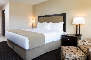 um quarto de hotel com uma cama grande e uma cadeira em Park Town Hotel em Saskatoon