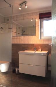 a bathroom with a sink and a mirror and a toilet at Ferienhaus Ostseebrise Usedom im Grünen familienfreundlich ruhig Parkplatz Terrasse Kamin in Ostseebad Karlshagen +24 photos