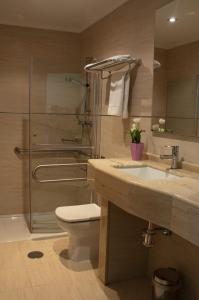 een badkamer met een wastafel, een toilet en een douche bij Hostal Restaurante La Cepa in Cariño