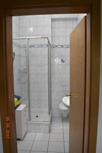 a bathroom with a shower and a toilet at Ferienweingut Borens in Wiltingen +19 photos