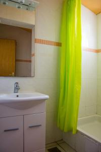 a bathroom with a sink and a green shower curtain at Apartments Alaburic in Pag