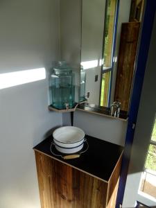 a bathroom with a sink and a toilet and a mirror at Evergrin in Gadmen