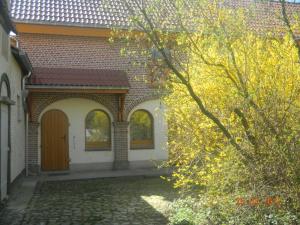 ceglany dom z brązowymi drzwiami i drzewem w obiekcie Verreveld w mieście Londerzeel