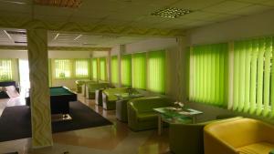 コスティネシュティにあるPensiunea La Castel - Piscina incalzitaの待合室(緑のカーテン、緑の椅子付)