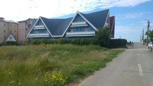 a house with a black roof on the side of a road at Pensiunea La Castel - Piscina incalzita in Costinesti