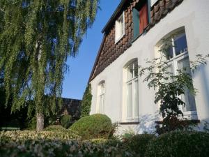 Una casa blanca con un árbol delante. en Fachwerkhaus Julius en Lehrte