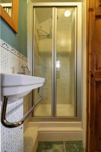 een badkamer met een douche en een wastafel bij Bryn Ffynnon Holiday Cottage Llanrwst in Llanrwst