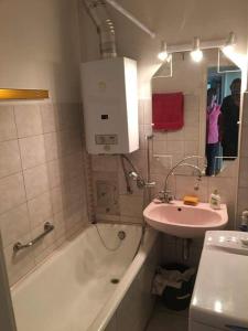 a bathroom with a sink and a tub and a person in the mirror at Marika apartman in Hajdúszoboszló