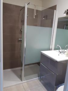 W łazience znajduje się prysznic i umywalka. w obiekcie Casa Inde Noi w mieście Corte
