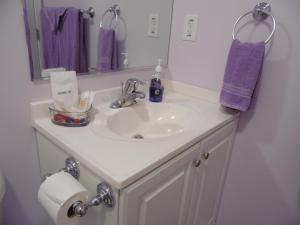 y baño con lavabo, espejo y toallas púrpuras. en Cantuta Inn, en Harpers Ferry