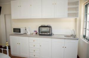a kitchen counter with a microwave and a toaster oven at De Kothuize 4 in Graaff-Reinet